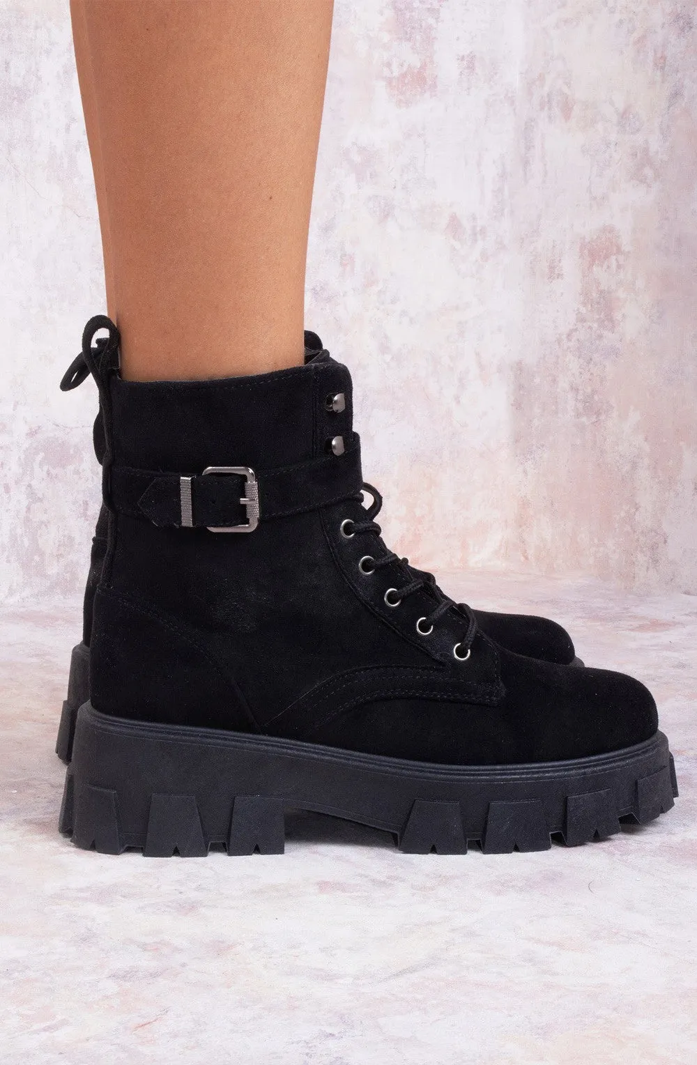 Black Suede Ankle Boot With Buckle Detail