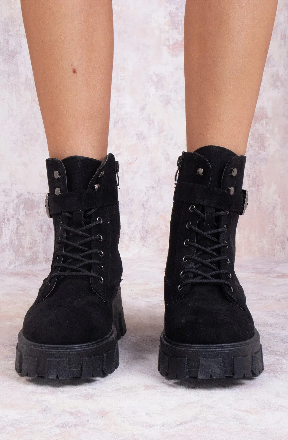Black Suede Ankle Boot With Buckle Detail