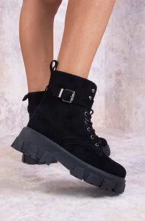 Black Suede Ankle Boot With Buckle Detail