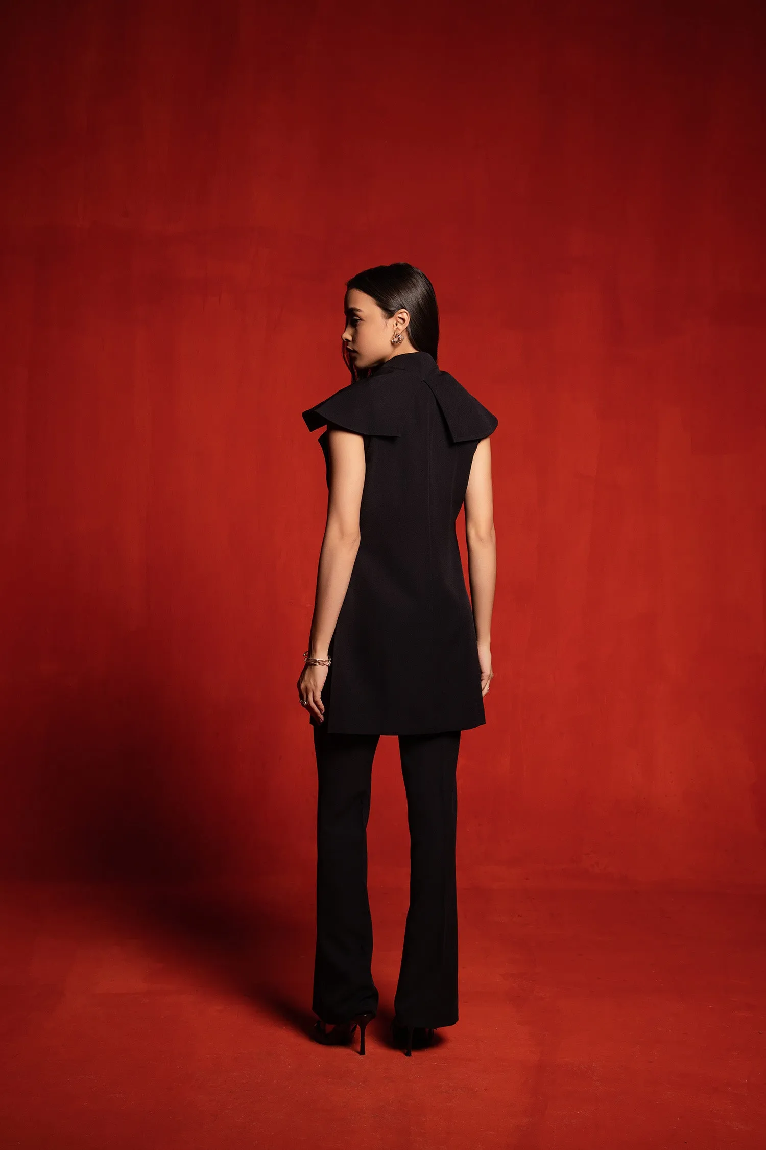 Black Trench Coat (sleeveless) with Crop Top and Pants