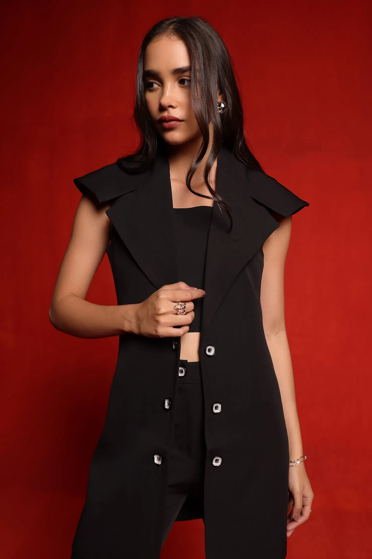 Black Trench Coat (sleeveless) with Crop Top and Pants