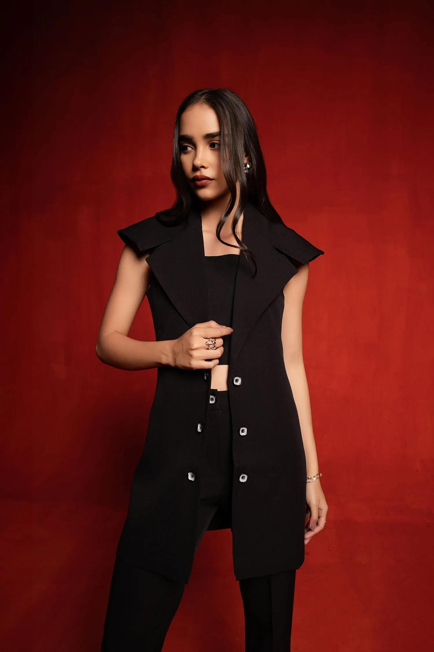 Black Trench Coat (sleeveless) with Crop Top and Pants