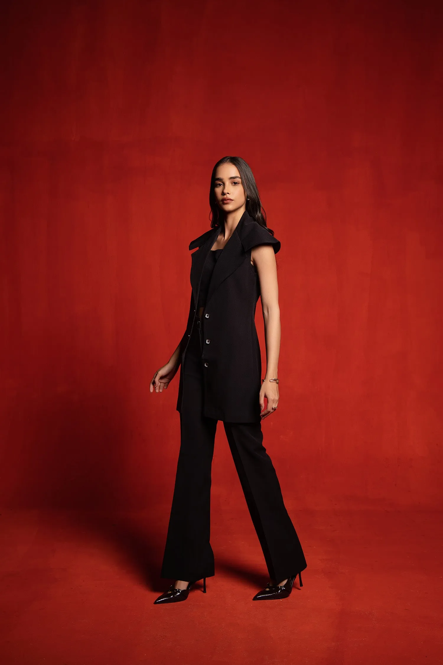 Black Trench Coat (sleeveless) with Crop Top and Pants