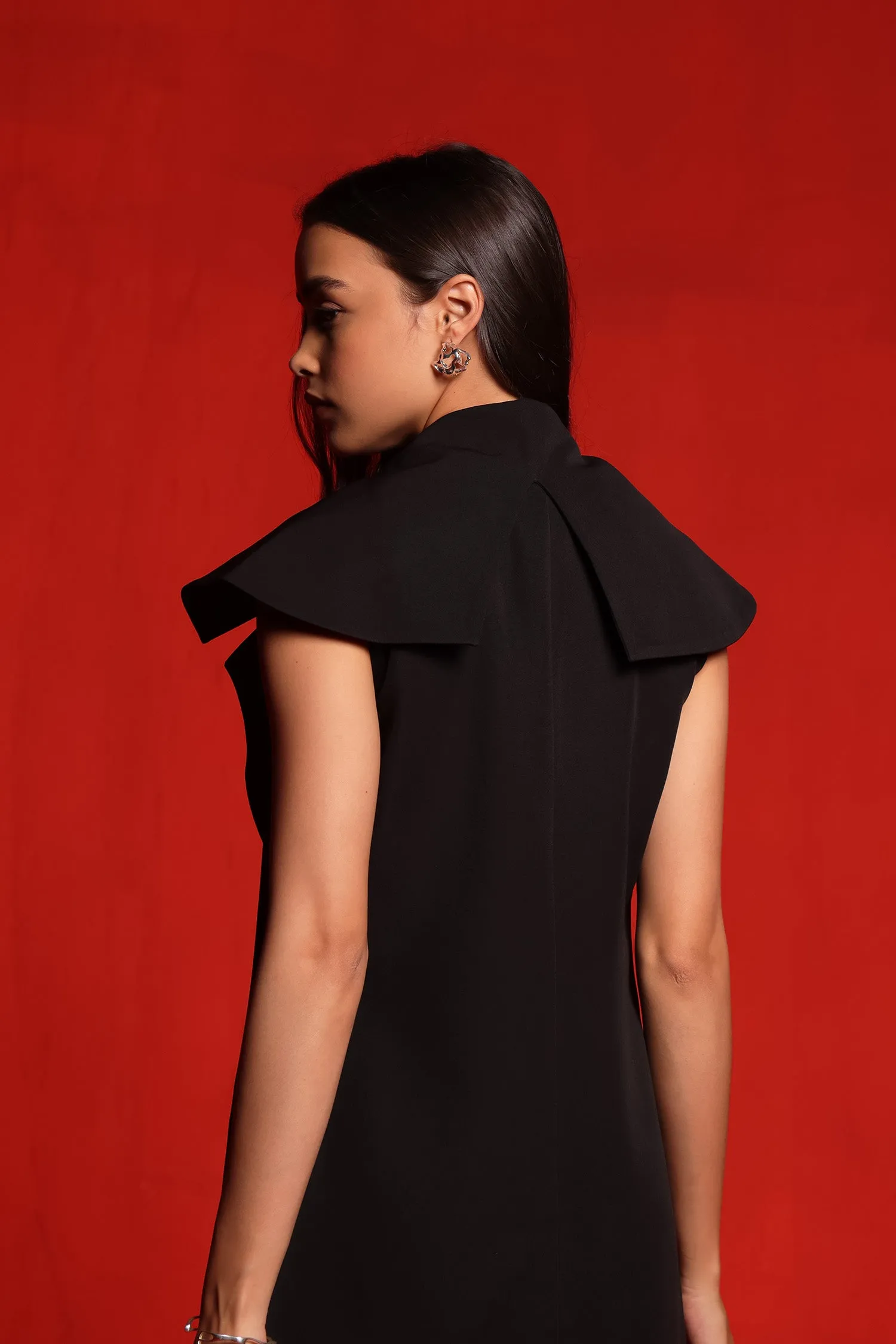 Black Trench Coat (sleeveless) with Crop Top and Pants
