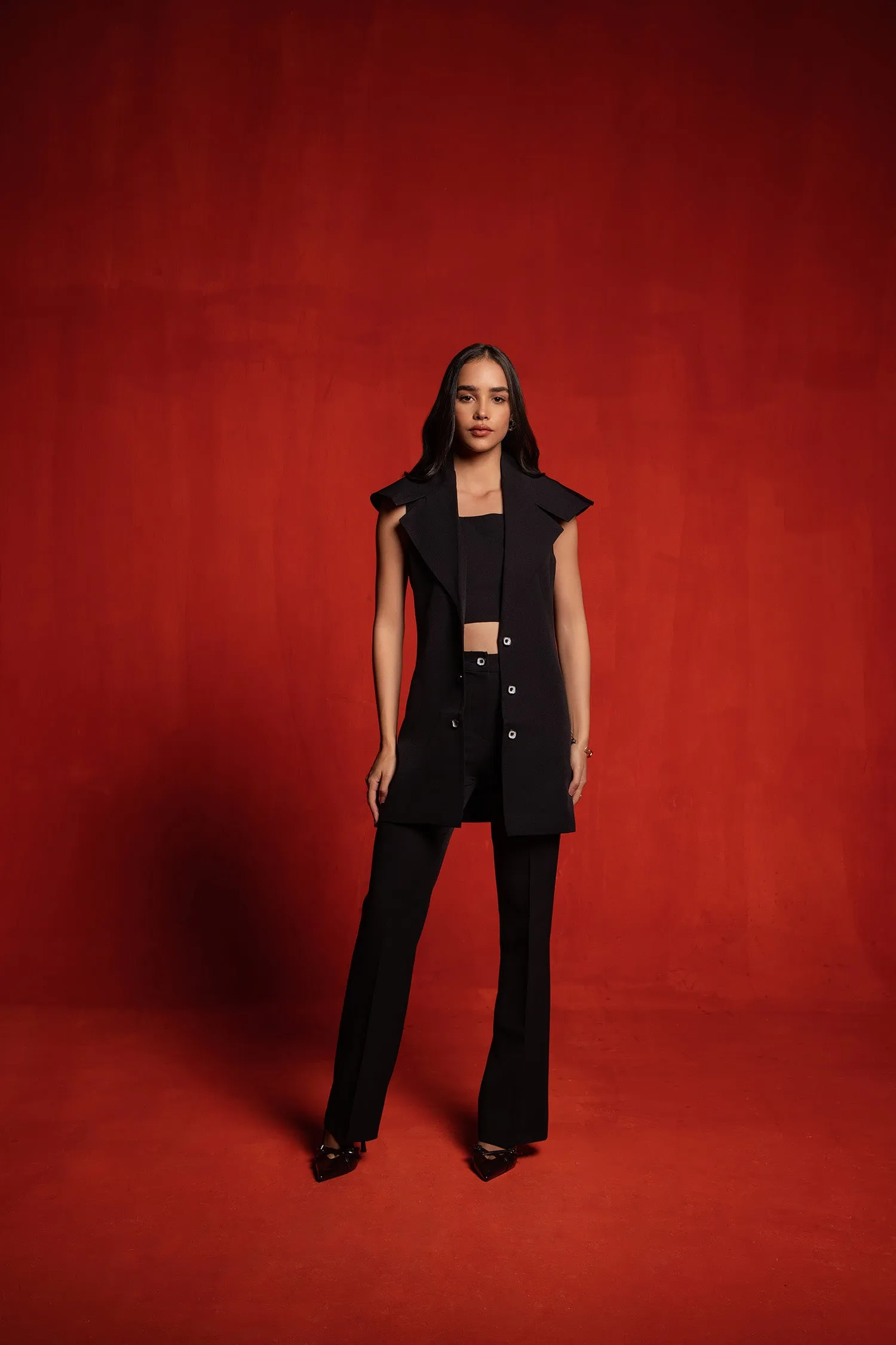 Black Trench Coat (sleeveless) with Crop Top and Pants