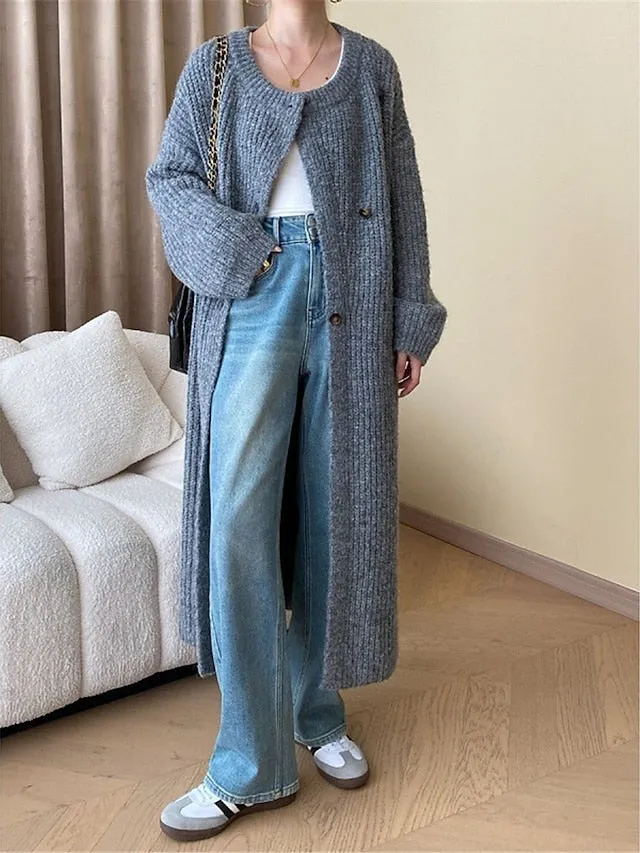 Cardigan Sweater Crew Neck Ribbed Knit with Pockets