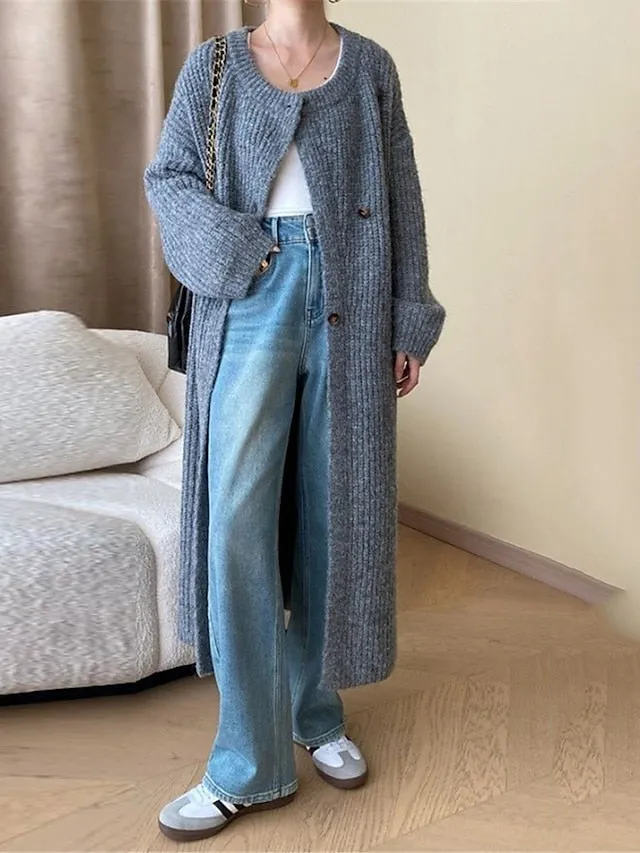Cardigan Sweater Crew Neck Ribbed Knit with Pockets