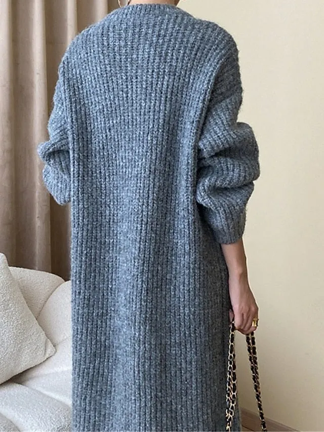 Cardigan Sweater Crew Neck Ribbed Knit with Pockets
