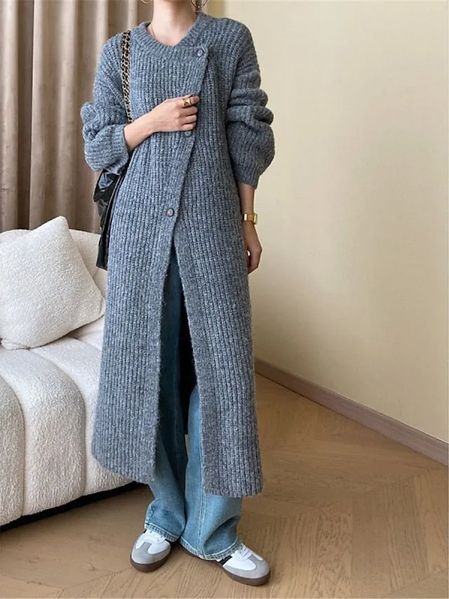 Cardigan Sweater Crew Neck Ribbed Knit with Pockets
