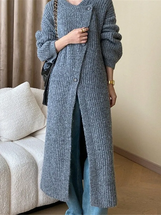 Cardigan Sweater Crew Neck Ribbed Knit with Pockets