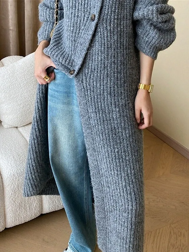 Cardigan Sweater Crew Neck Ribbed Knit with Pockets