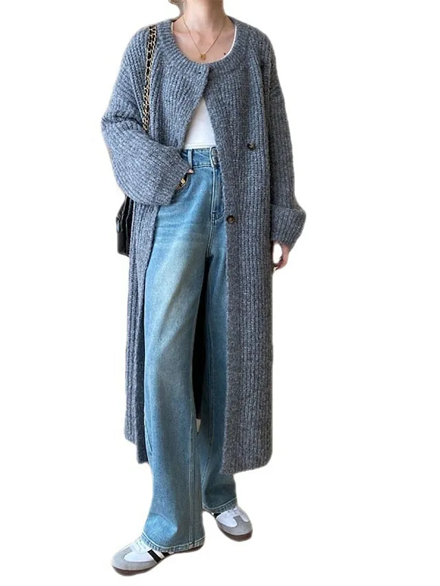 Cardigan Sweater Crew Neck Ribbed Knit with Pockets