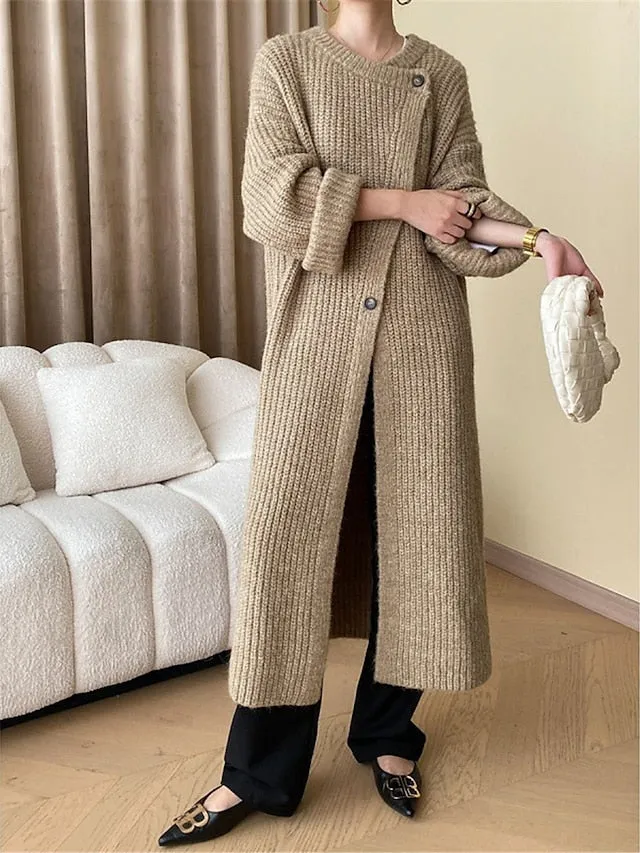 Cardigan Sweater Crew Neck Ribbed Knit with Pockets