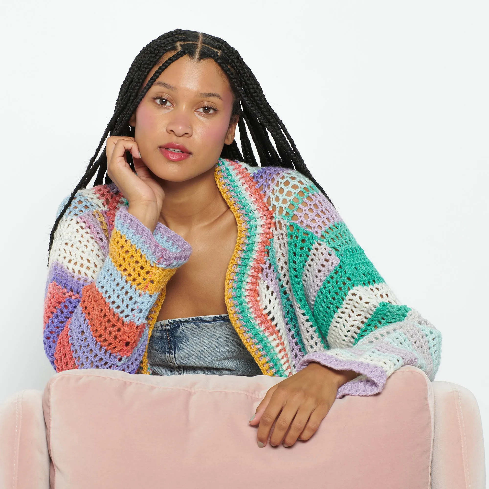 Caron Crochet Mesh Stitch Color-Blocked Cardigan