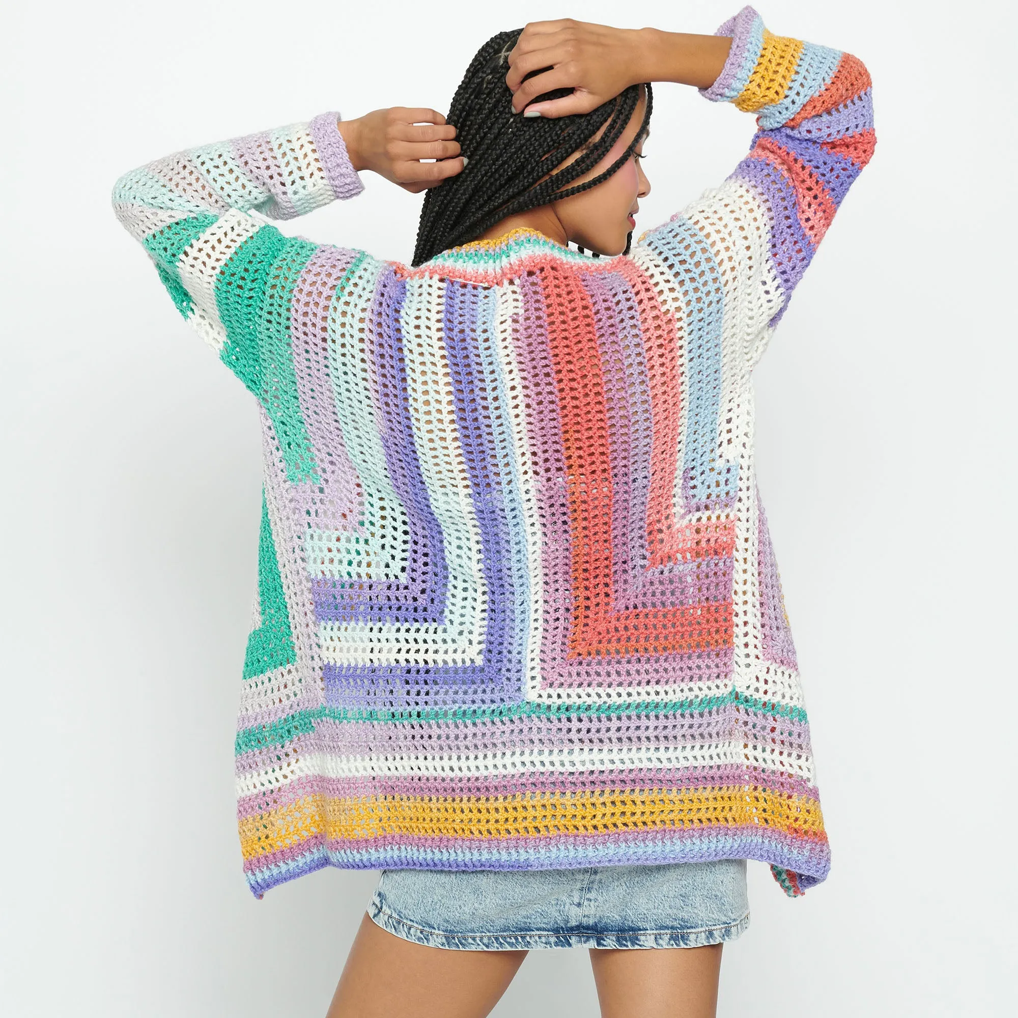 Caron Crochet Mesh Stitch Color-Blocked Cardigan