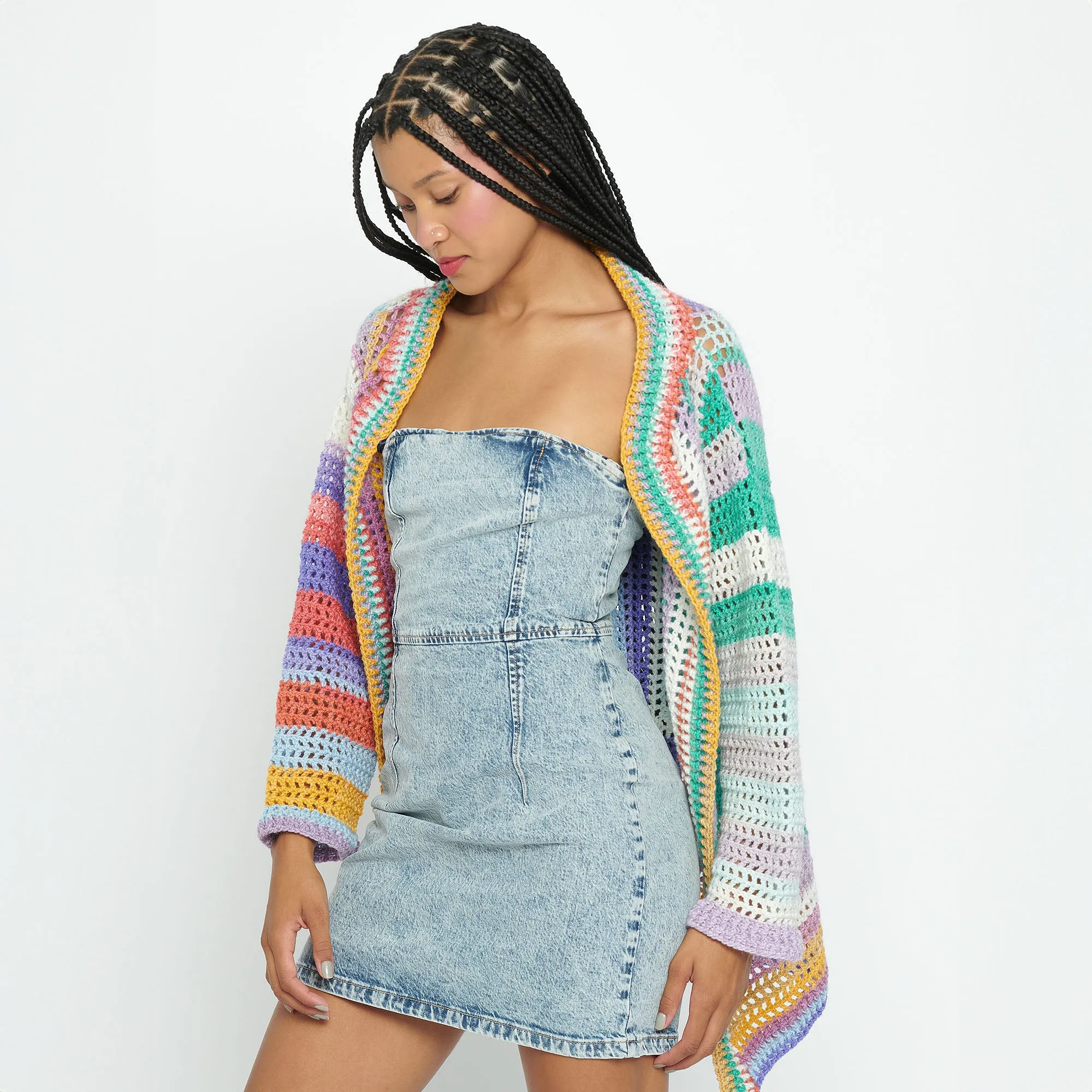 Caron Crochet Mesh Stitch Color-Blocked Cardigan