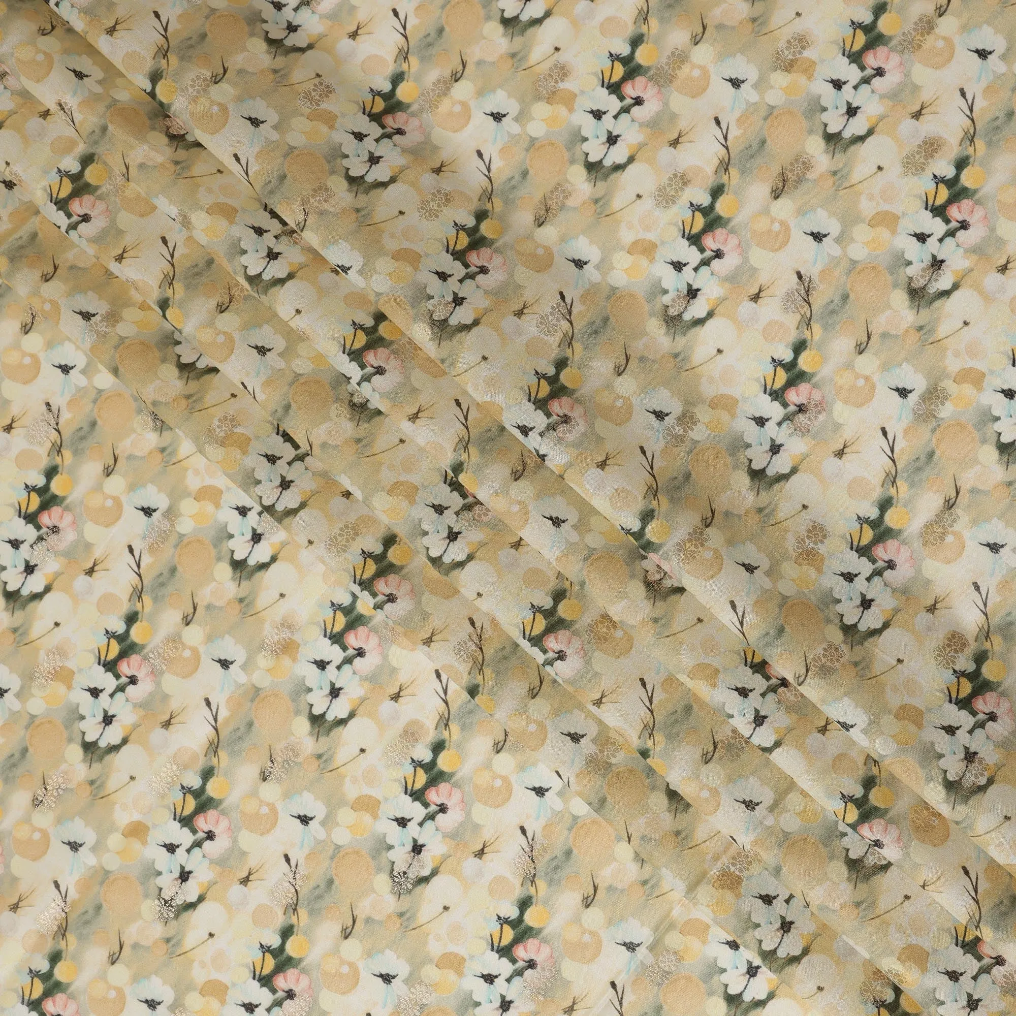 Cream Viscose Blended Fabric with White and Yellow Floral Embroidery, 110 cm Width-D20445