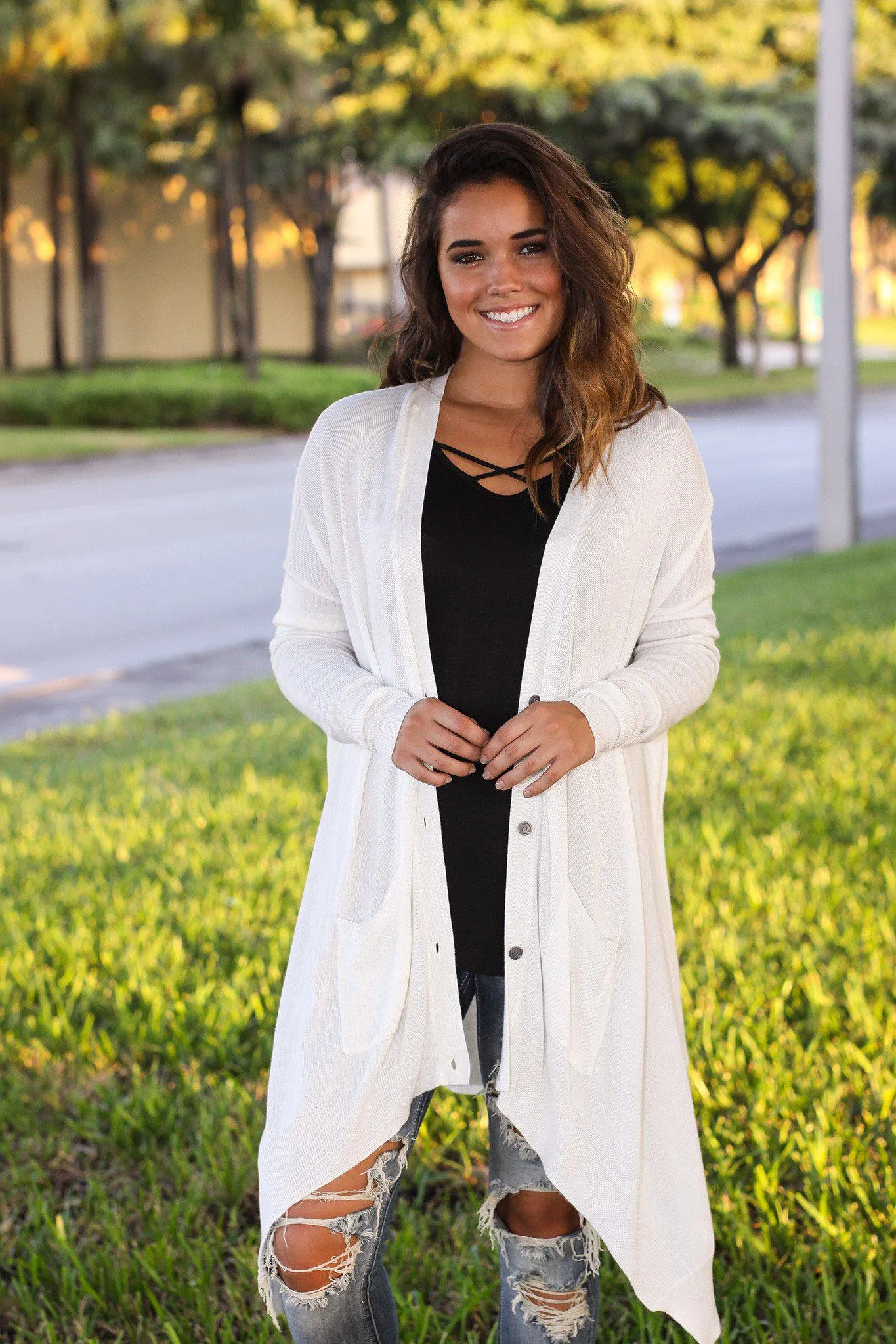 Ivory Asymmetrical Cardigan with Pockets