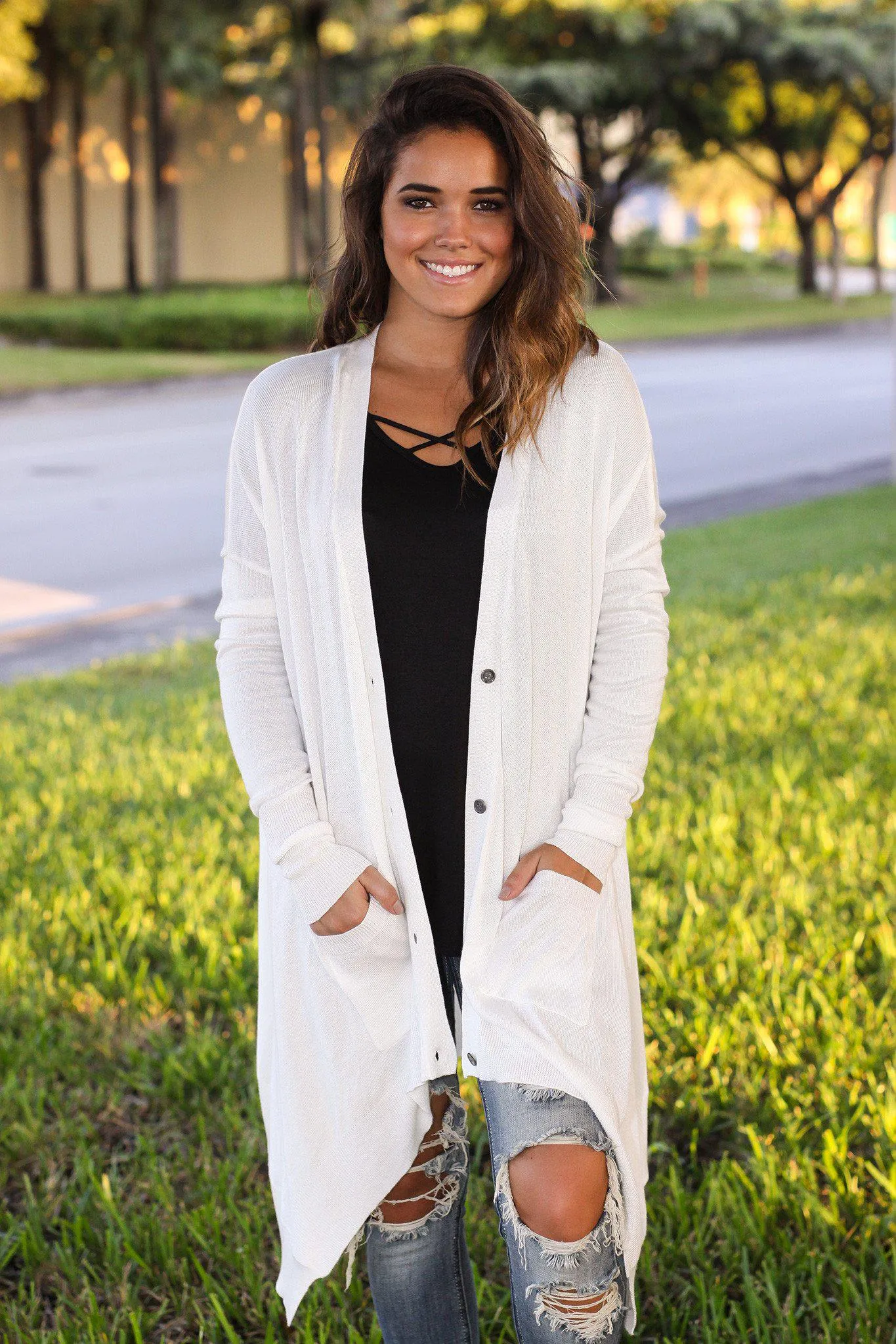 Ivory Asymmetrical Cardigan with Pockets