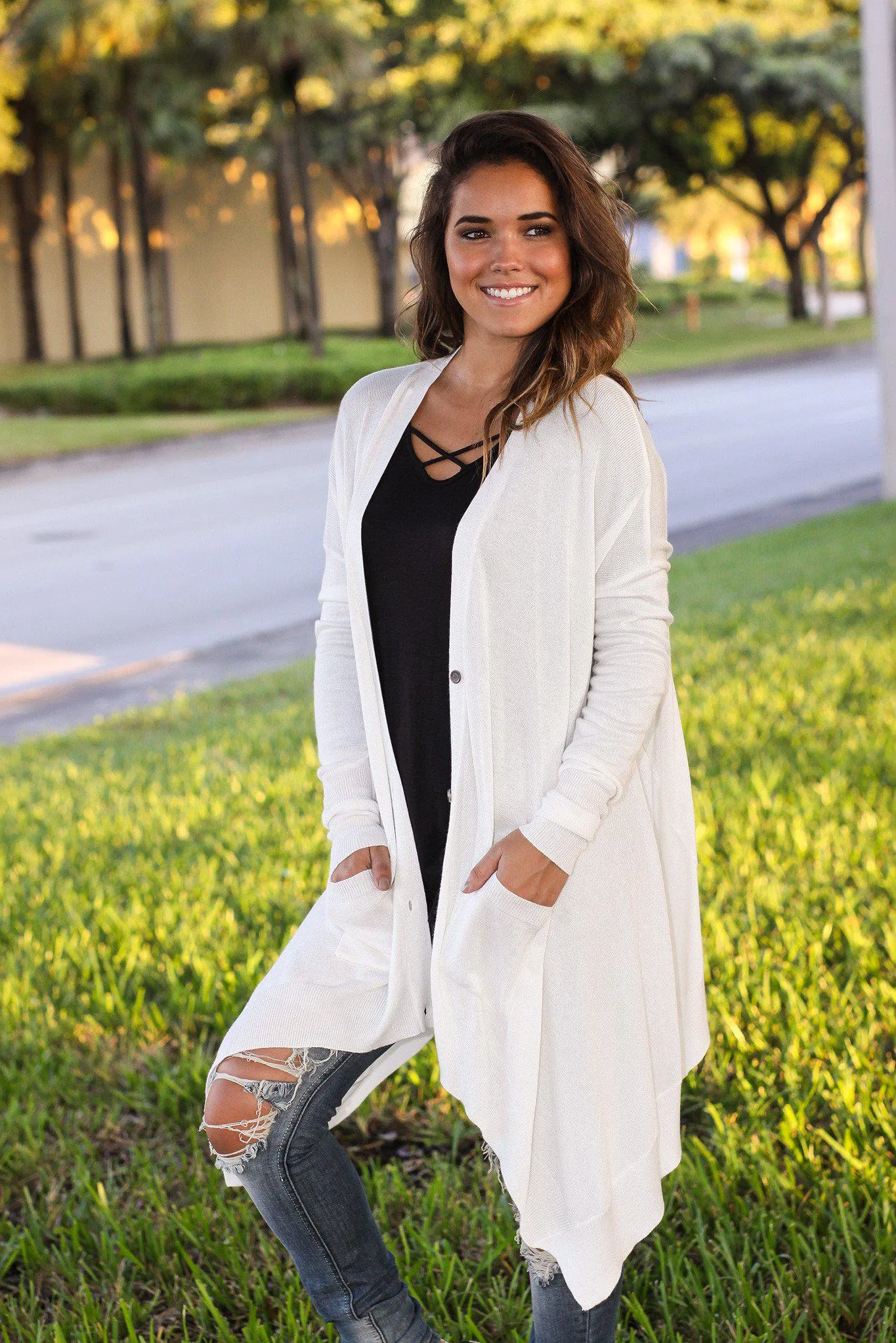 Ivory Asymmetrical Cardigan with Pockets