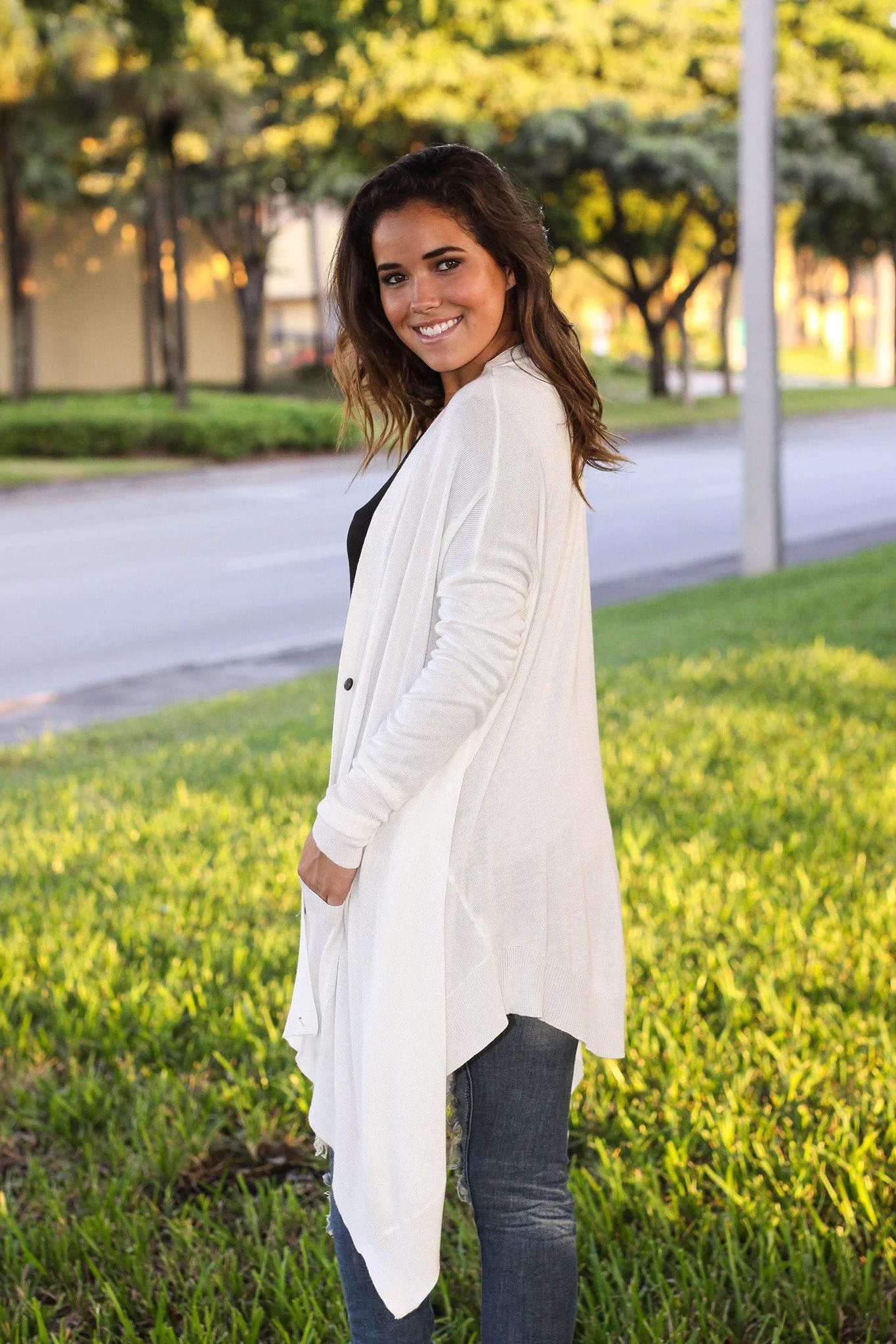 Ivory Asymmetrical Cardigan with Pockets