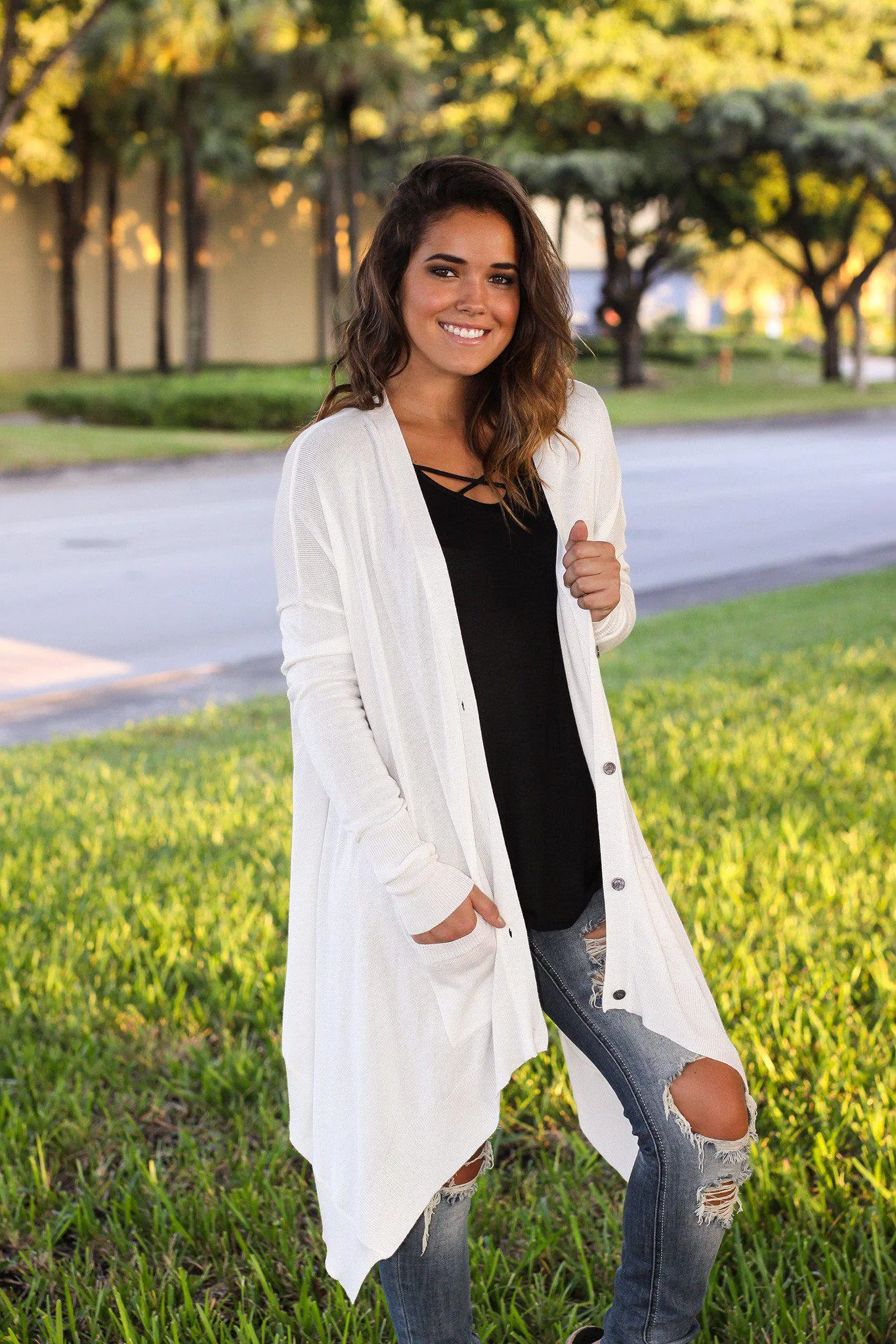 Ivory Asymmetrical Cardigan with Pockets