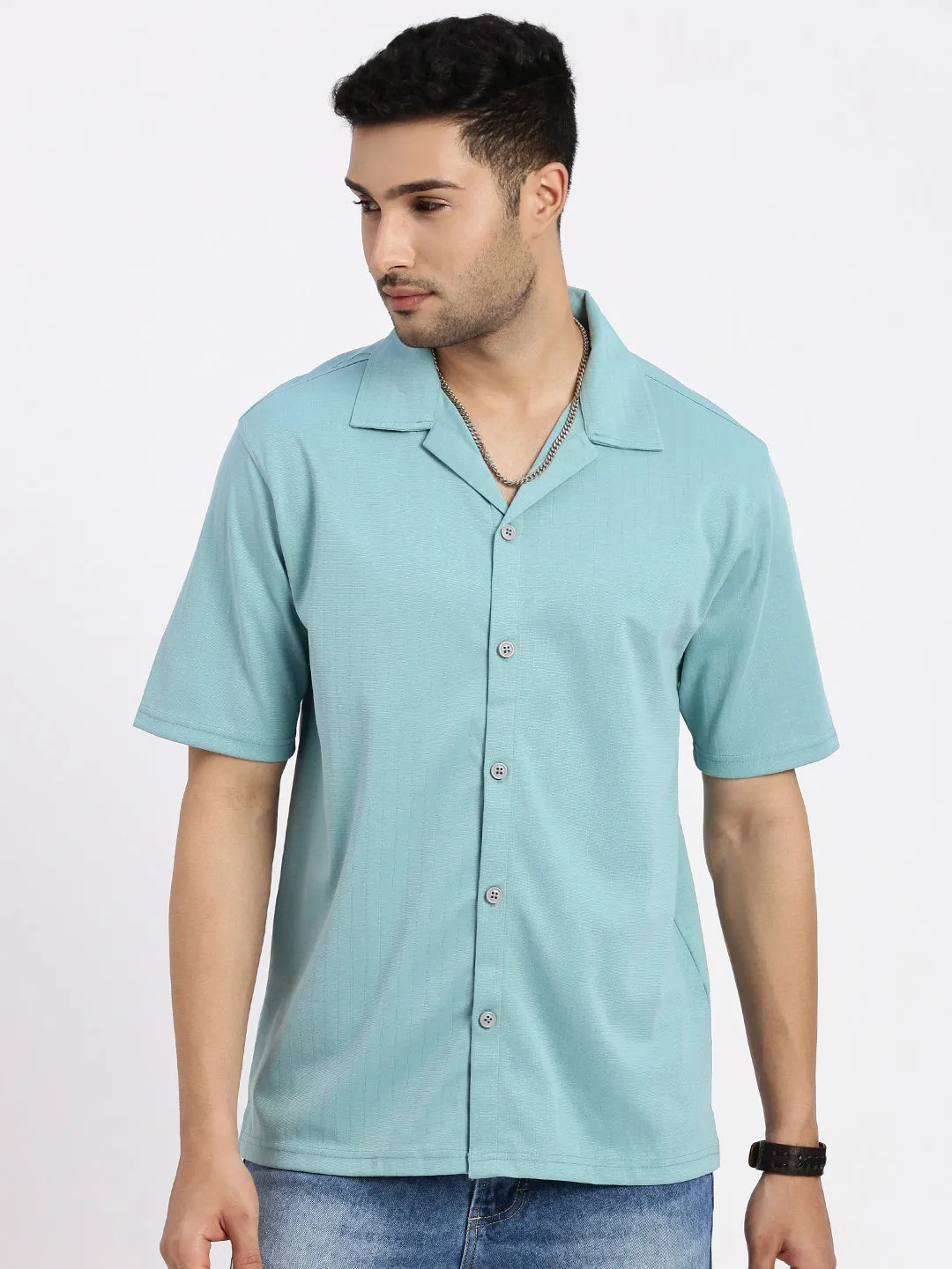 Men Sea Green Cuban Collar Solid Shirt