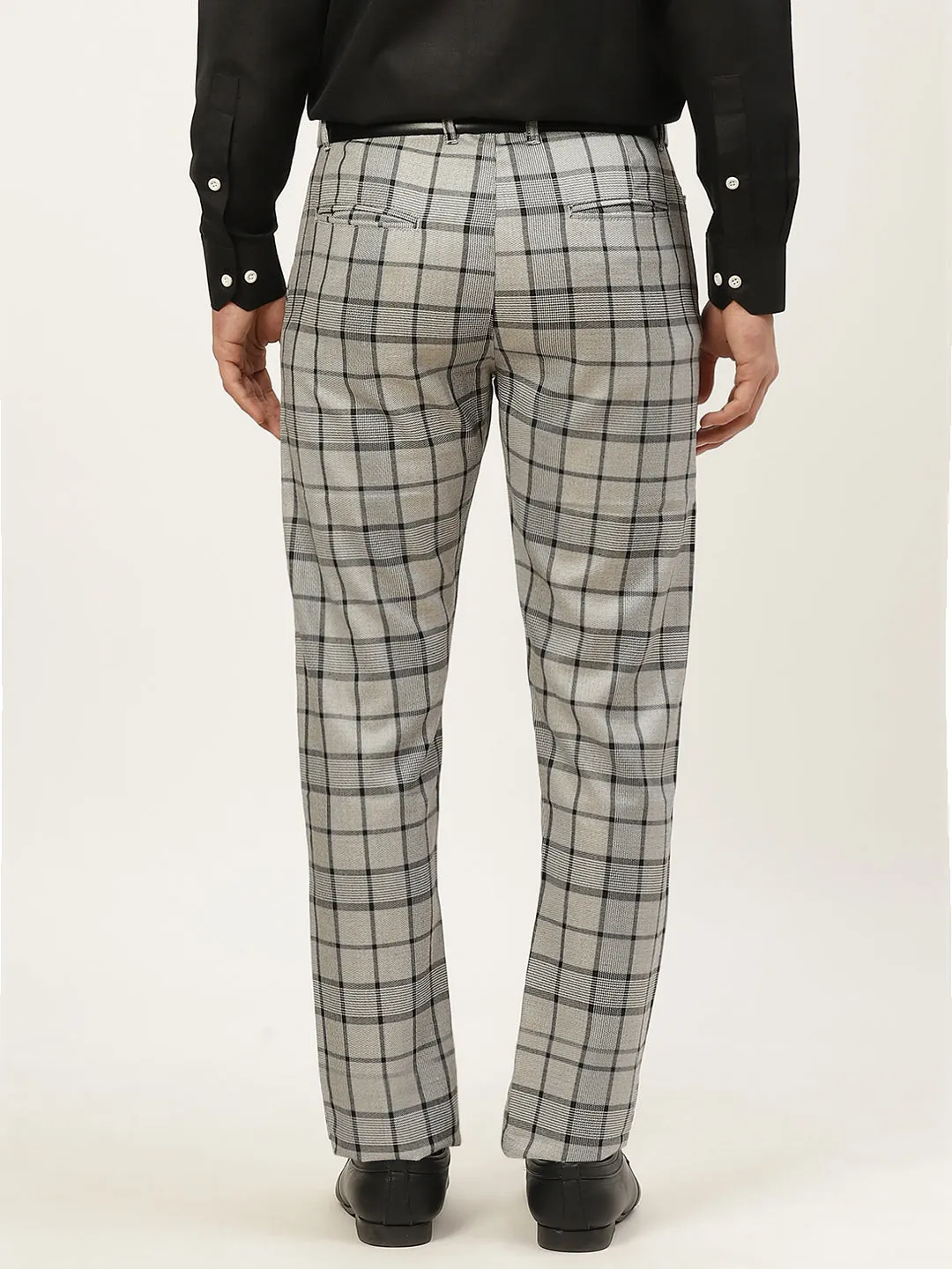 Men's Cotton Blend Grey & Black Checked Formal Trousers - Sojanya
