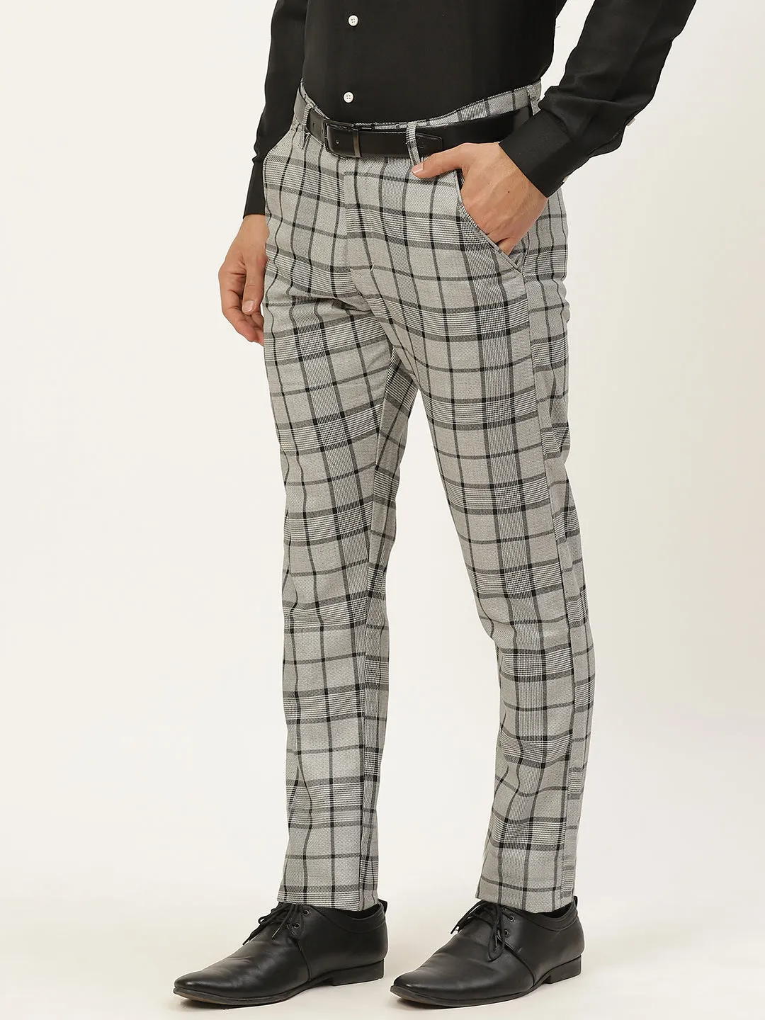 Men's Cotton Blend Grey & Black Checked Formal Trousers - Sojanya