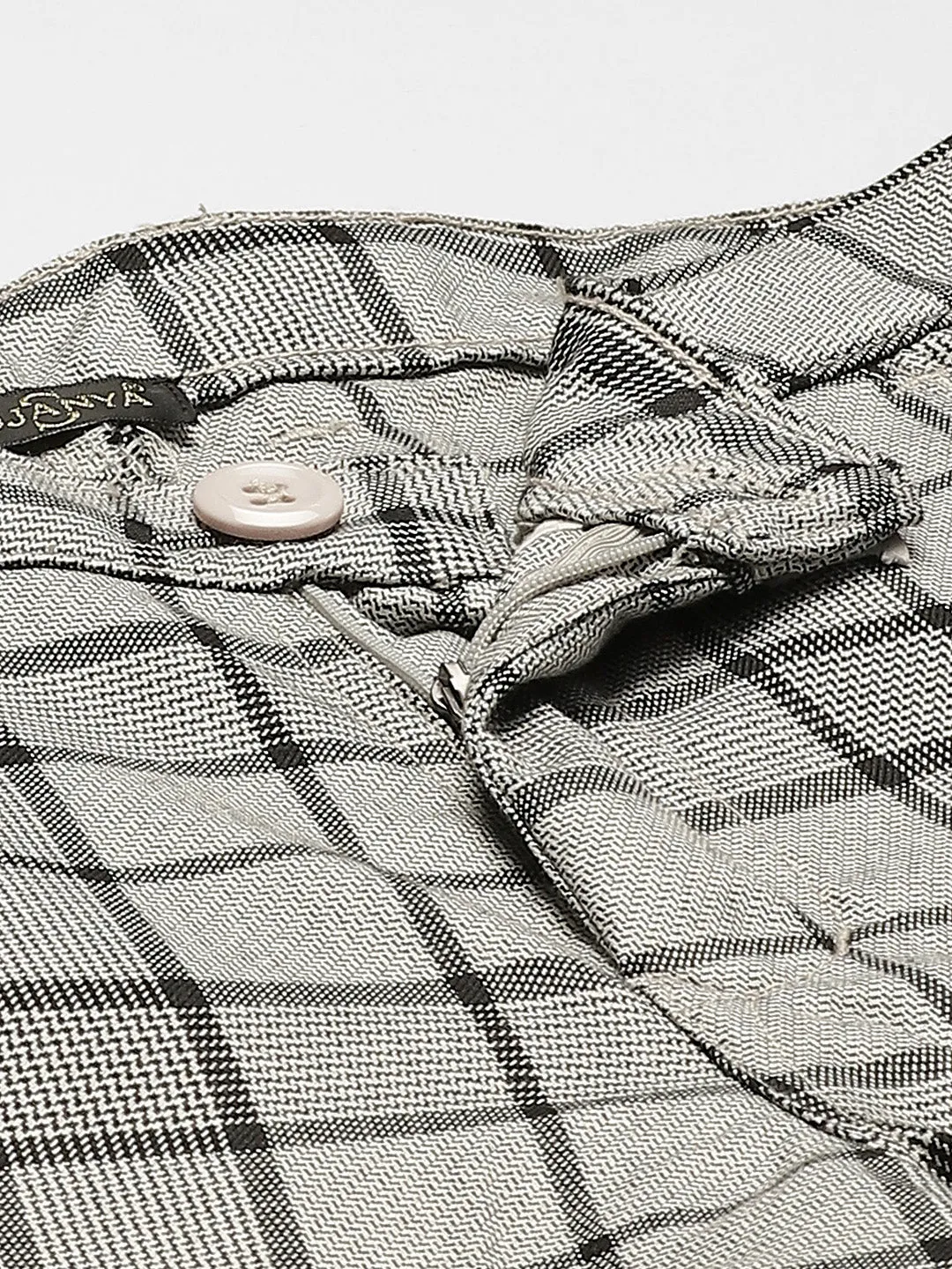 Men's Cotton Blend Grey & Black Checked Formal Trousers - Sojanya