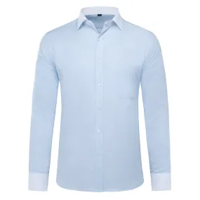 Men's Dress Shirt Slim Fit Button Down Stripe Checked Shirt Light Blue