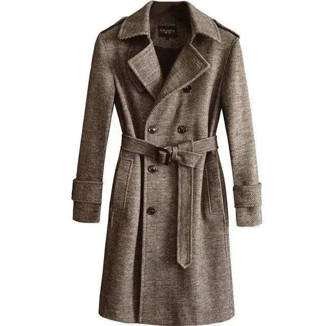 Men's Herringbone Winter Coat - Double-Breasted Casual Jacket