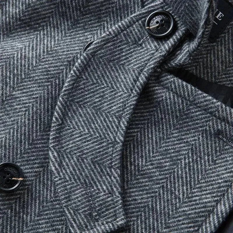 Men's Herringbone Winter Coat - Double-Breasted Casual Jacket