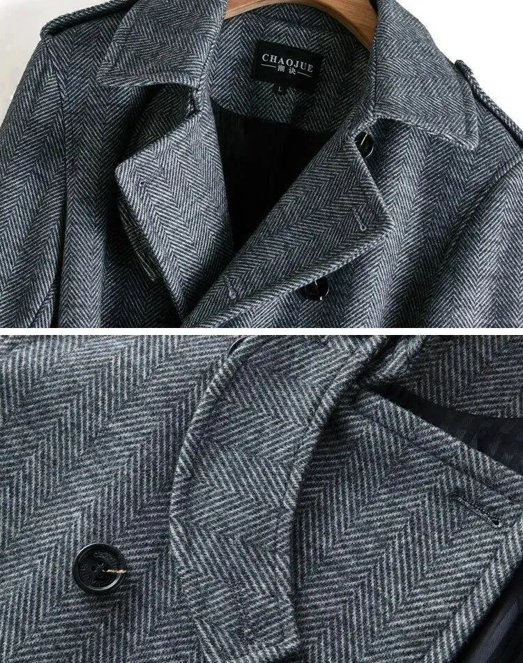 Men's Herringbone Winter Coat - Double-Breasted Casual Jacket