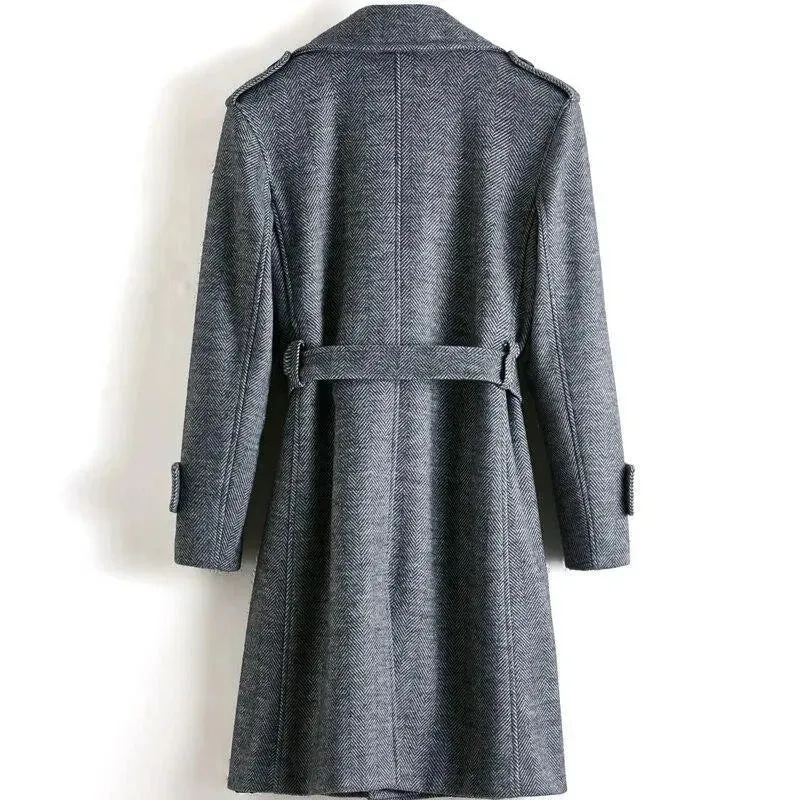 Men's Herringbone Winter Coat - Double-Breasted Casual Jacket