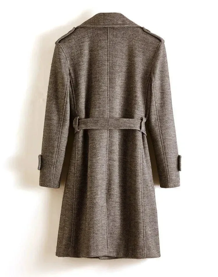 Men's Herringbone Winter Coat - Double-Breasted Casual Jacket