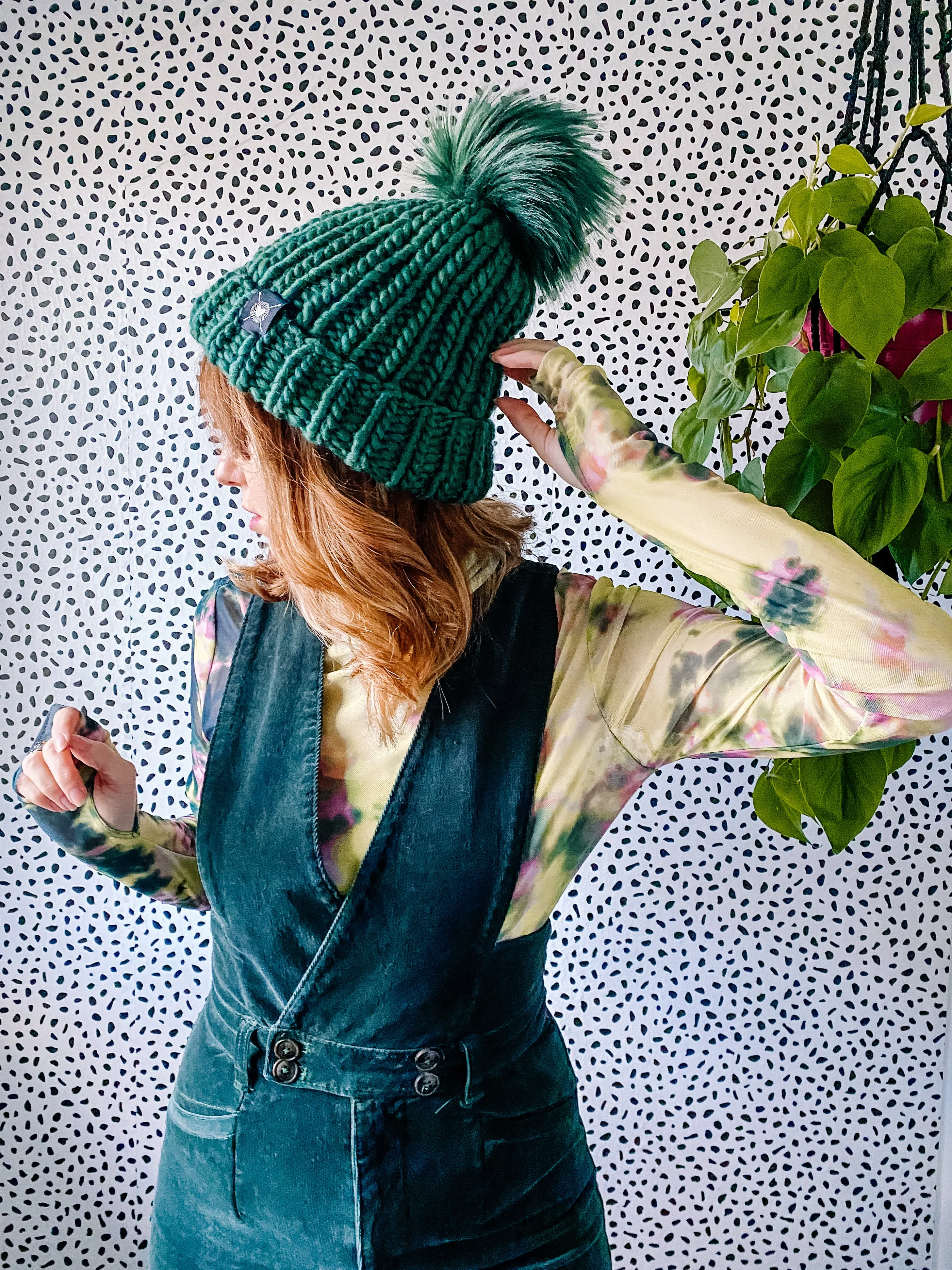 Merino Folded Brim Faux Fur Pom-Pom Beanie  in Enchanted Forest
