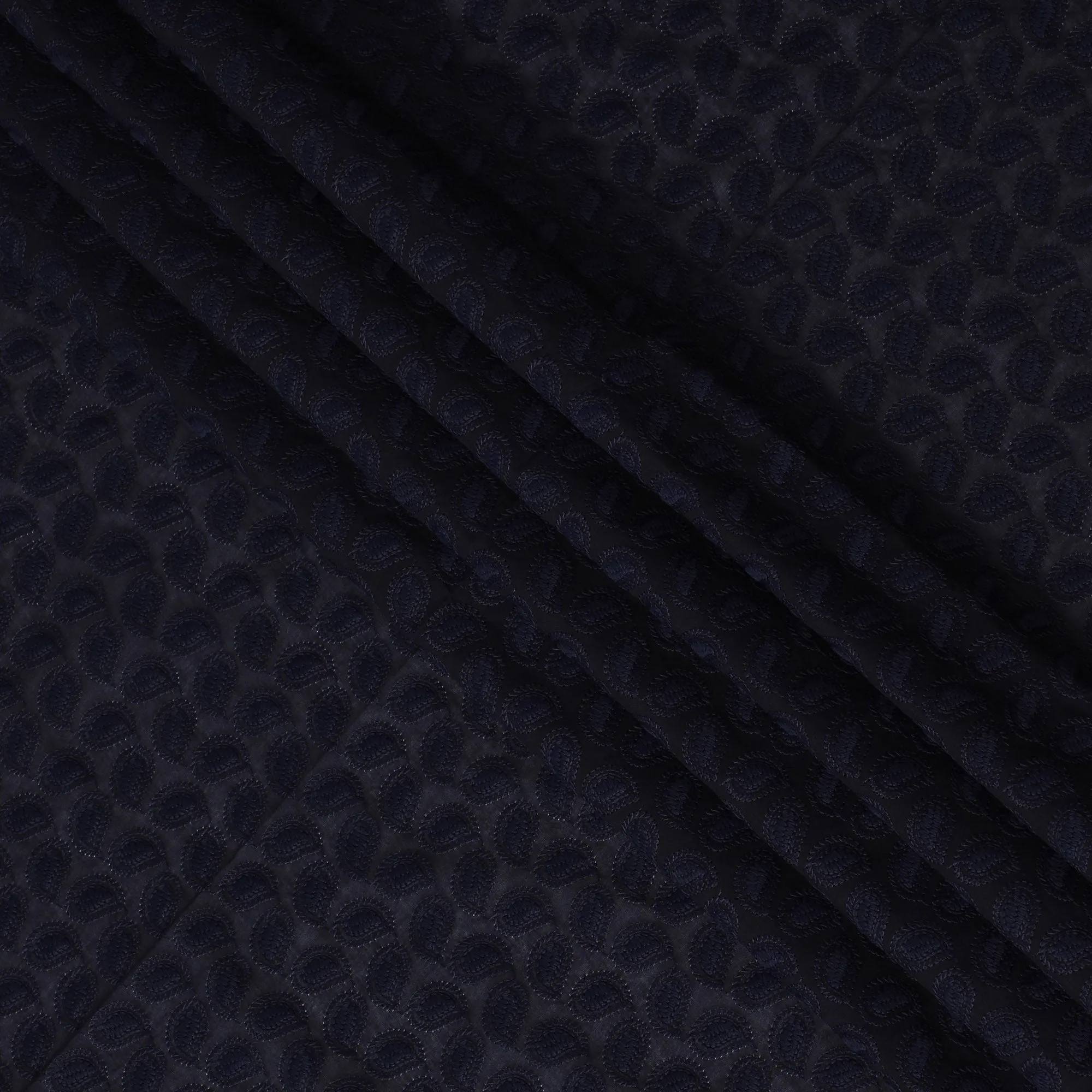 Midnight Blue Cotton Voile Fabric with Embossed Leaf Design, 110 cm Width-D20114