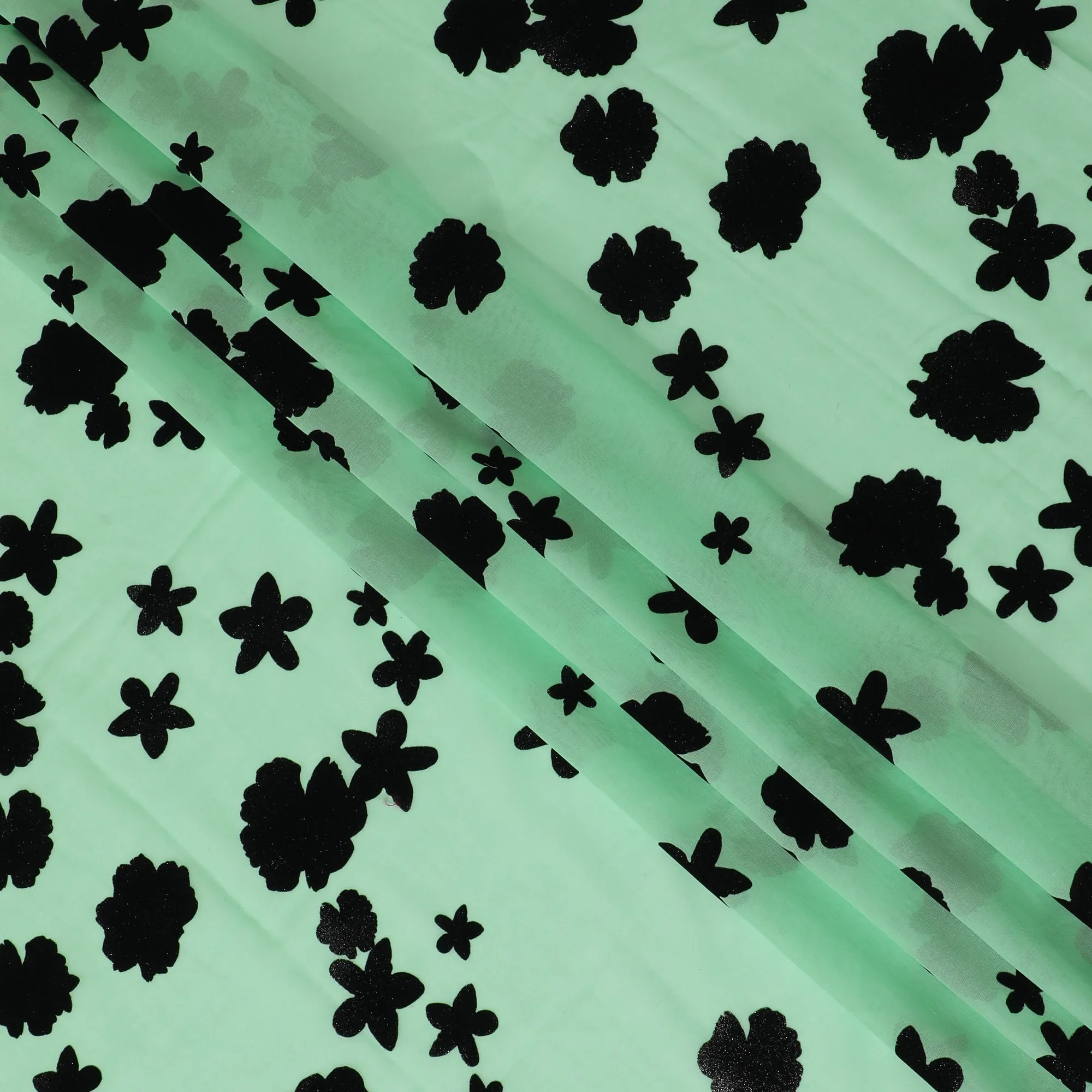 Mint Green Premium Swiss Cotton Voile Fabric with Black Floral Flock - Traditional Thobe Material, 140 cm Wide-D20212