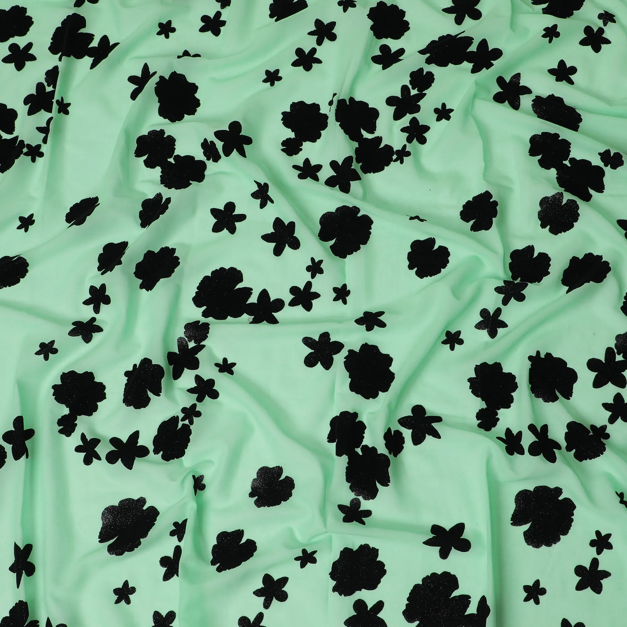 Mint Green Premium Swiss Cotton Voile Fabric with Black Floral Flock - Traditional Thobe Material, 140 cm Wide-D20212