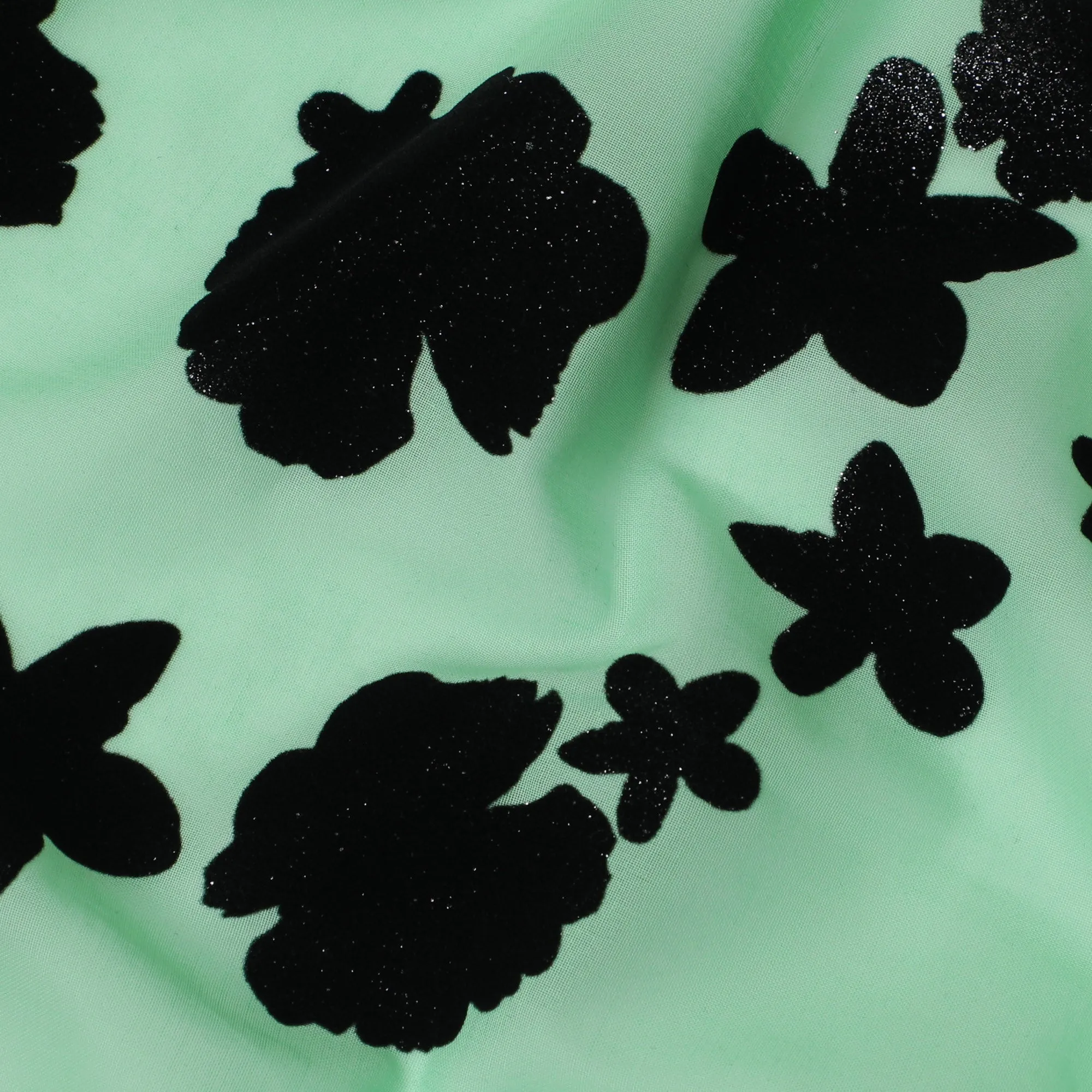 Mint Green Premium Swiss Cotton Voile Fabric with Black Floral Flock - Traditional Thobe Material, 140 cm Wide-D20212
