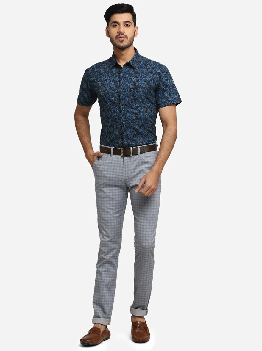Sterling Blue Checked Super Slim Fit Casual Trouser | Greenfibre