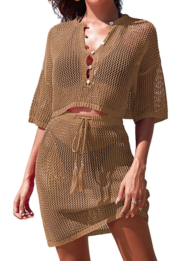 Women 2 Piece Crochet Swimsuit Cover Ups Hollow Out Knitted Coverup Beach Crop Top and Skirt Sets